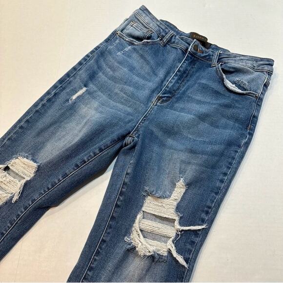 Risen High Rise Straight Ankle Jeans Distressed Medium Wash Raw Hem, Size 32/15 - Picture 4 of 9